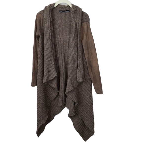 All Saints Brown Suede Leather Trim Open Face Cardigan Size 2 - Picture 1 of 10